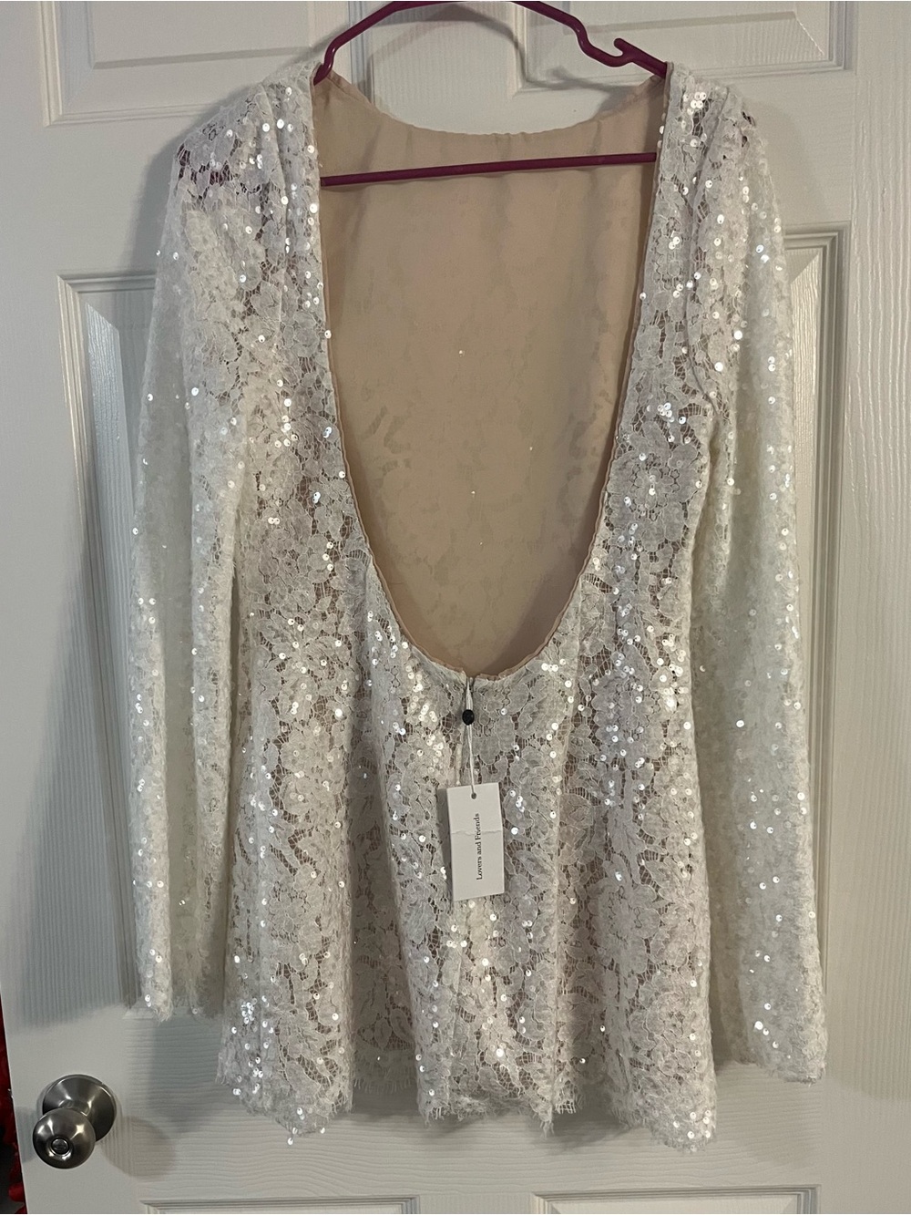 Lovers + Friends Ivory Sequin Lace Long Sleeve Deep Scoop Mini Dress